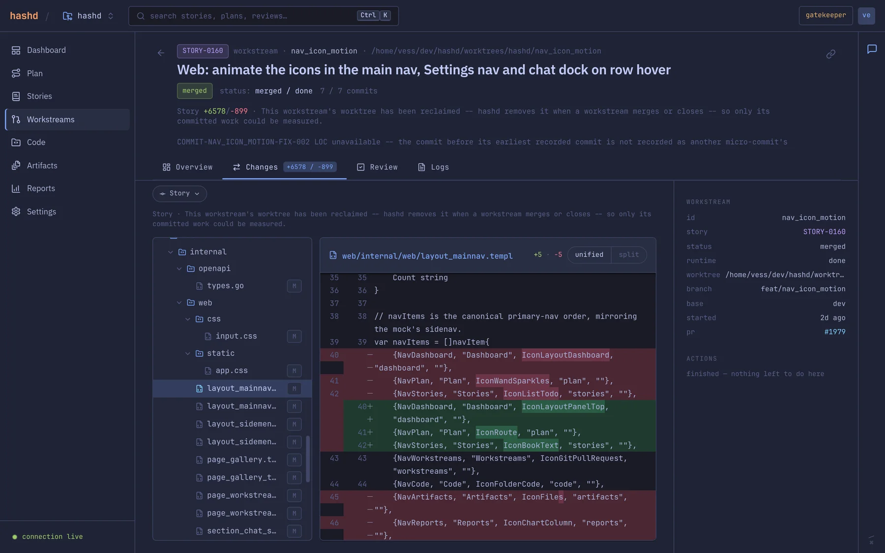 The Changes tab of a merged workstream showing the file tree and a unified diff