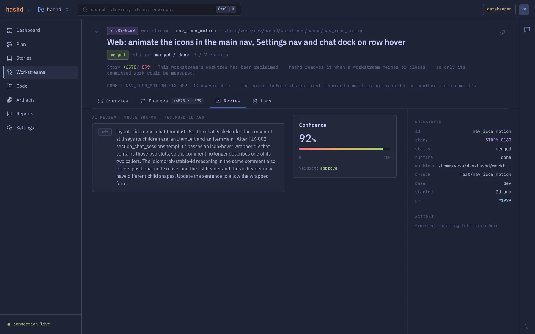 A recorded whole-branch AI review with a 92 percent confidence approve verdict and one nit